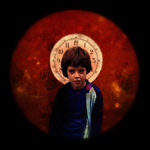 Kay Orchison's standard avatar: a sinister child with a watch face for a halo standing in a shower of burning embers